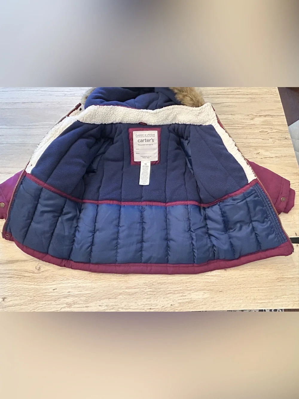 NWOT Carter's Girls' Maroon Hooded Puffer Coat with Faux Fur Trim